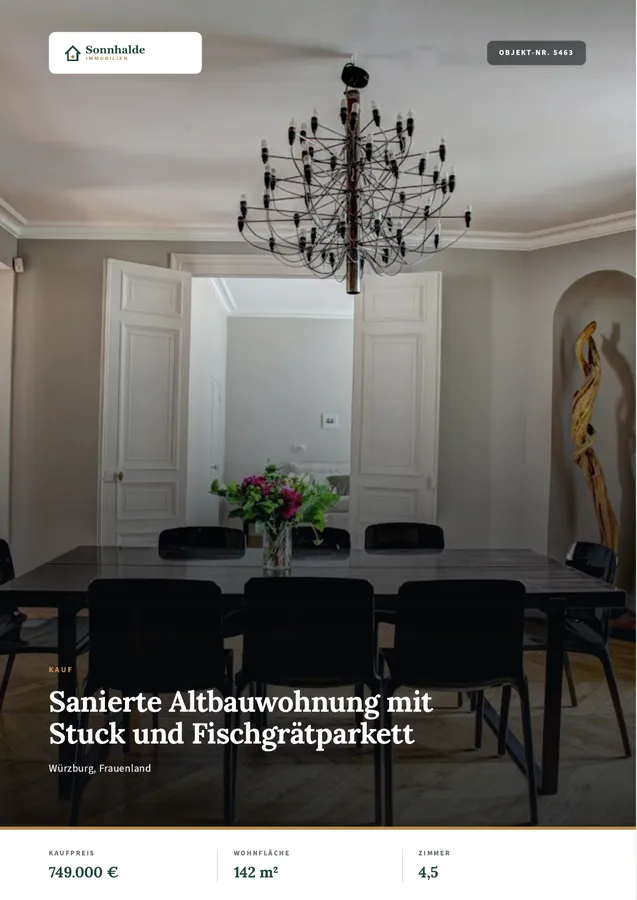Deckblatt des Beispiel-Exposés: ganzseitiges Titelbild, Objektnummer und die drei wichtigsten Kennzahlen im Design des Musterbüros