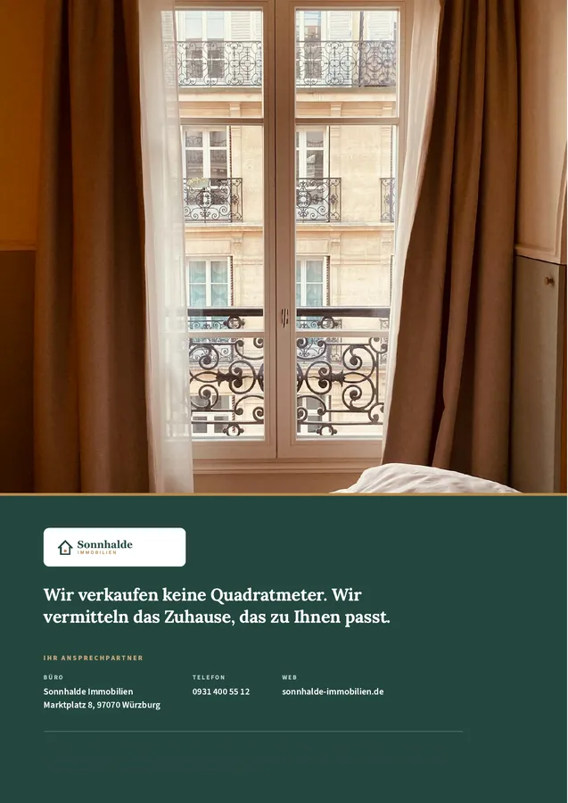Seite 5 des Beispiel-Exposés: Kontaktseite mit Logo, Claim, Anschrift und den rechtlichen Hinweisen